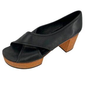 A Detacher Black Leather Chunky Wooden Heel Open-Toe Crossover Sandals Size 9